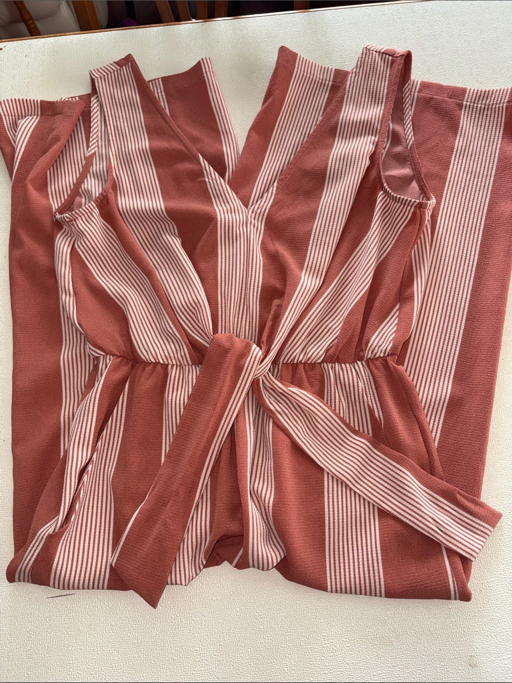 AUW Striped V-Neck Jumpsuit in Rust and Cream